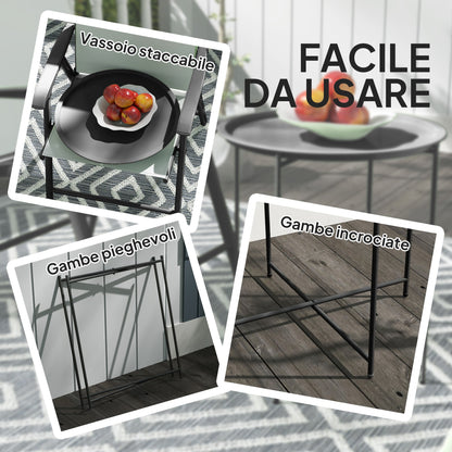 Garden Coffee Table with Removable Tray and Folding Steel Legs, Ø46x50 cm, Black