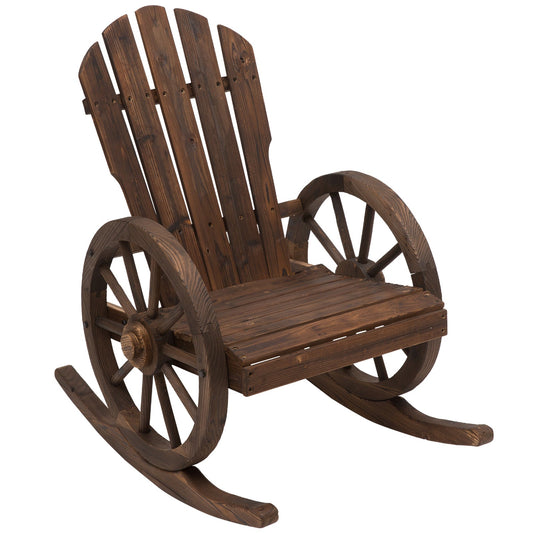 Adirondack Rocking Chair, Rustic Design with 2 Wheels, Burnt Spruce Wood, 88x68x92cm
