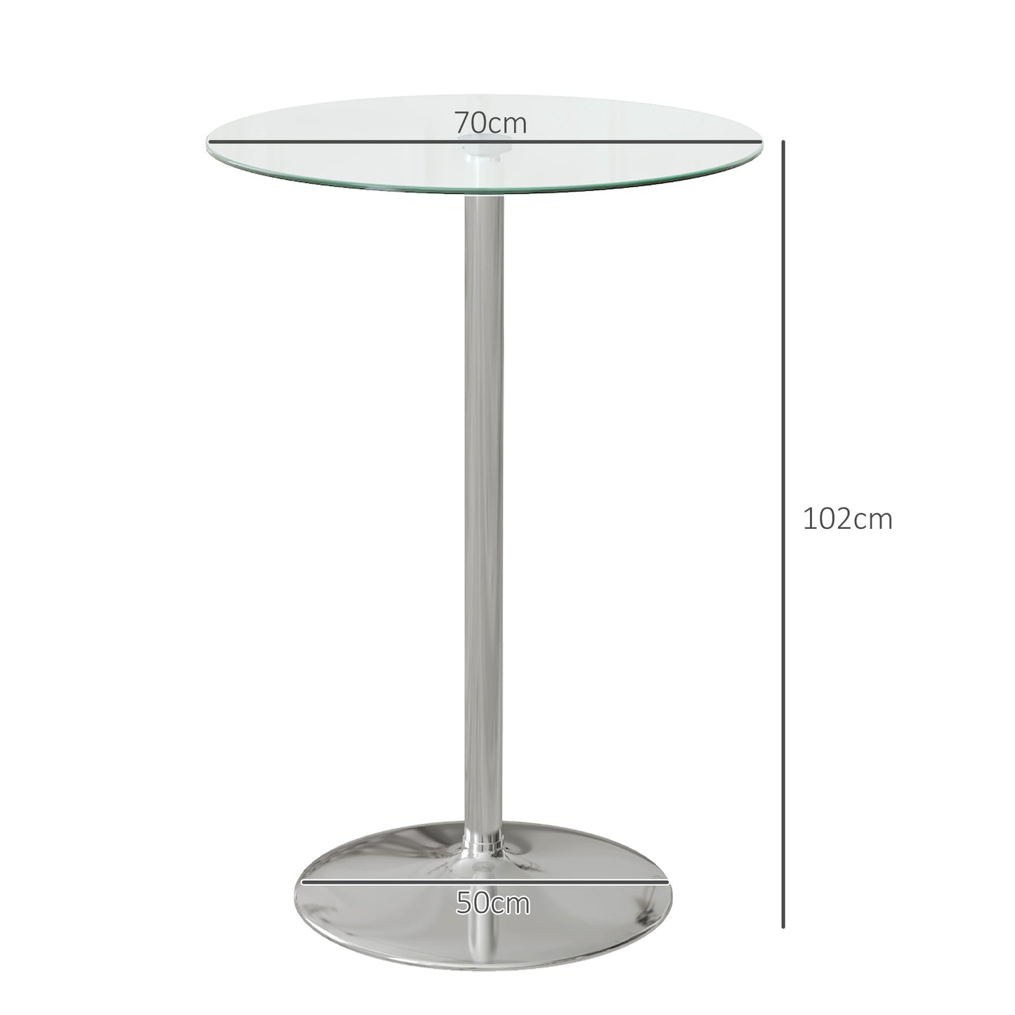 Modern Round High Bar Table with Steel Base and Glass Top, Ø70x102cm, Transparent
