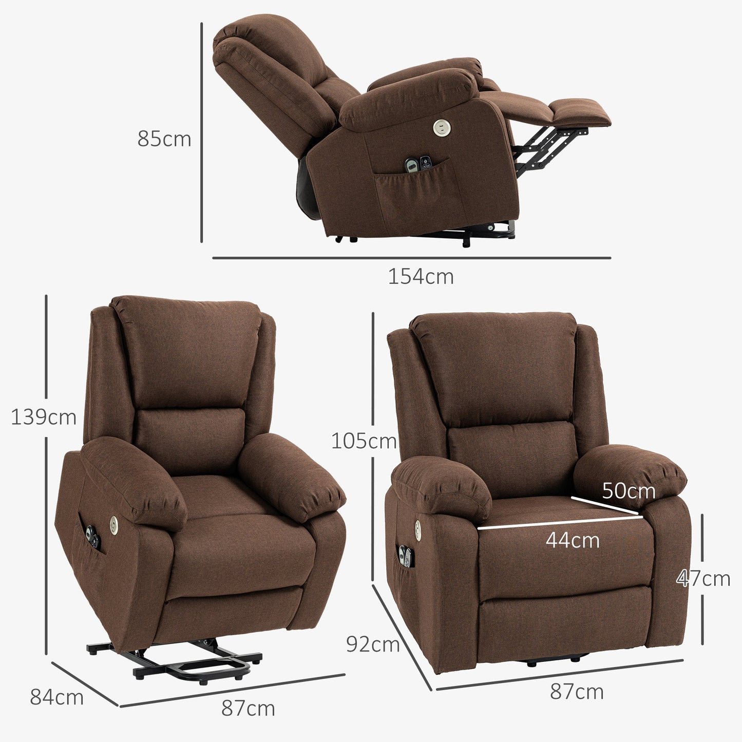 Reclining Lift Chair with Footrest, in Linen Effect Fabric, 87x92x105 cm, Coffee