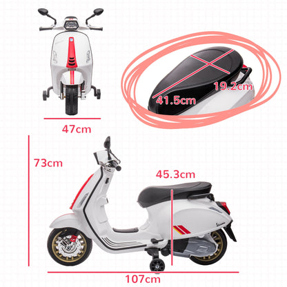 Licensed Children's Electric Motorcycle Vespa with Wheels, Headlight and Music, in PP and Metal, 107x47x73 cm, White