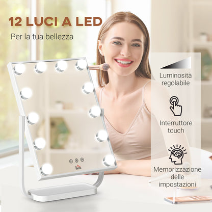 Tilting Illuminated Makeup Mirror with 12 LED Lights and Adjustable Brightness, 32.8Lx11x47.4cm