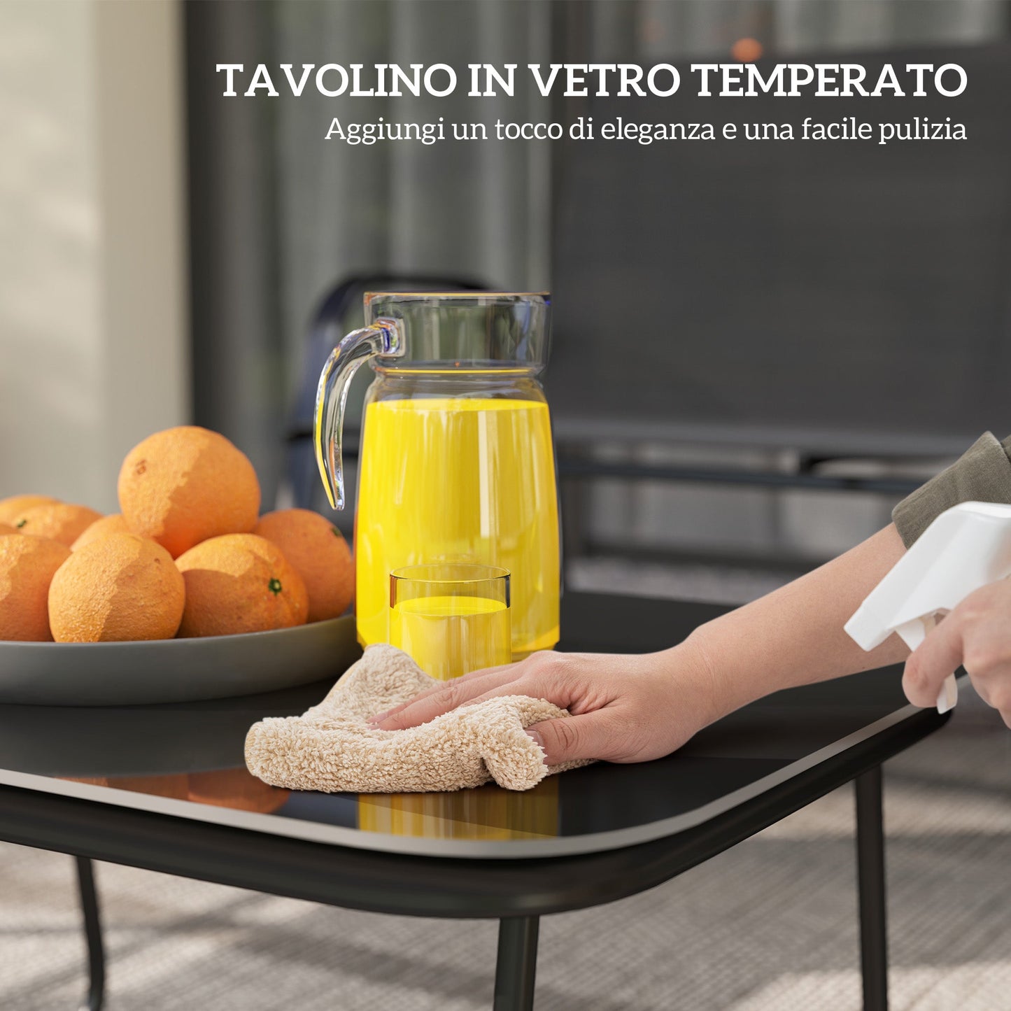 Garden Set with 2 Seater Sofa, 2 Stackable Armchairs and Glass Coffee Table, Black