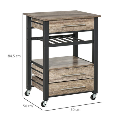 Kitchen Trolley with 3 Drawers and Shelf, Multipurpose Chipboard Cabinet, 60x50x84.5cm, Oak