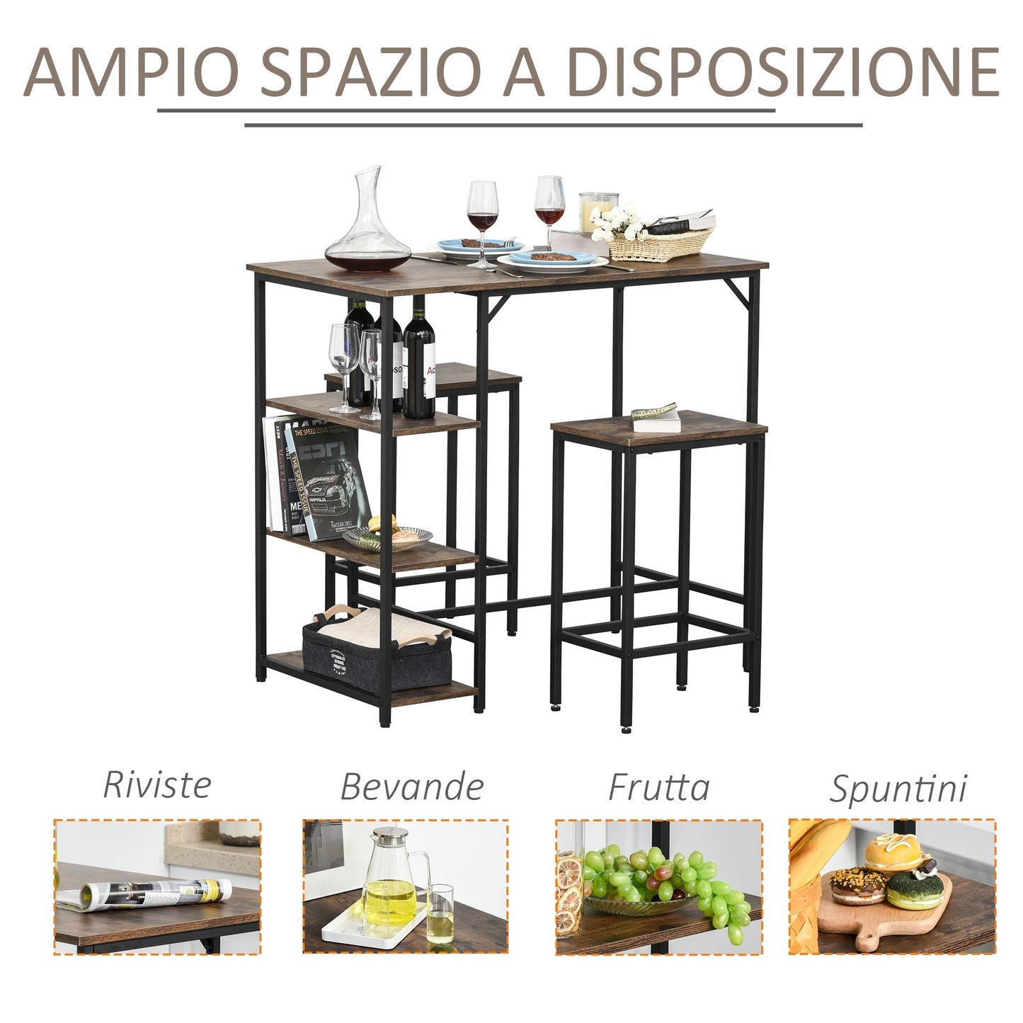 Industrial Style High Table Set with 2 Stools and Shelf in Metal and Wood, Modern Bar and Kitchen Furniture, Rustic Brown