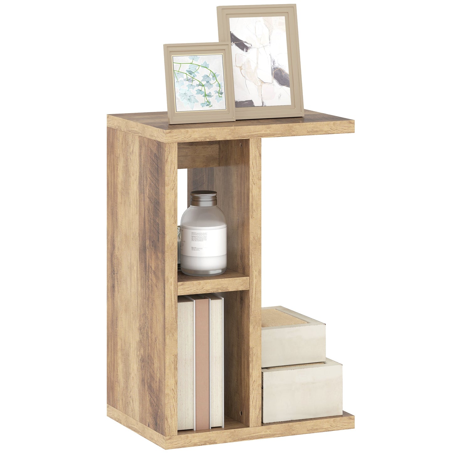 C-Shaped Coffee Table with 3 Shelves and 2 Open Compartments Space Saving, 40x30x60 cm, Brown