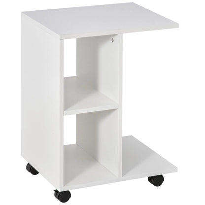 C-Shaped Coffee Table with 2 Open Shelves and 4 Swivel Wheels, in MDF and PE, 45x35x58 cm, White