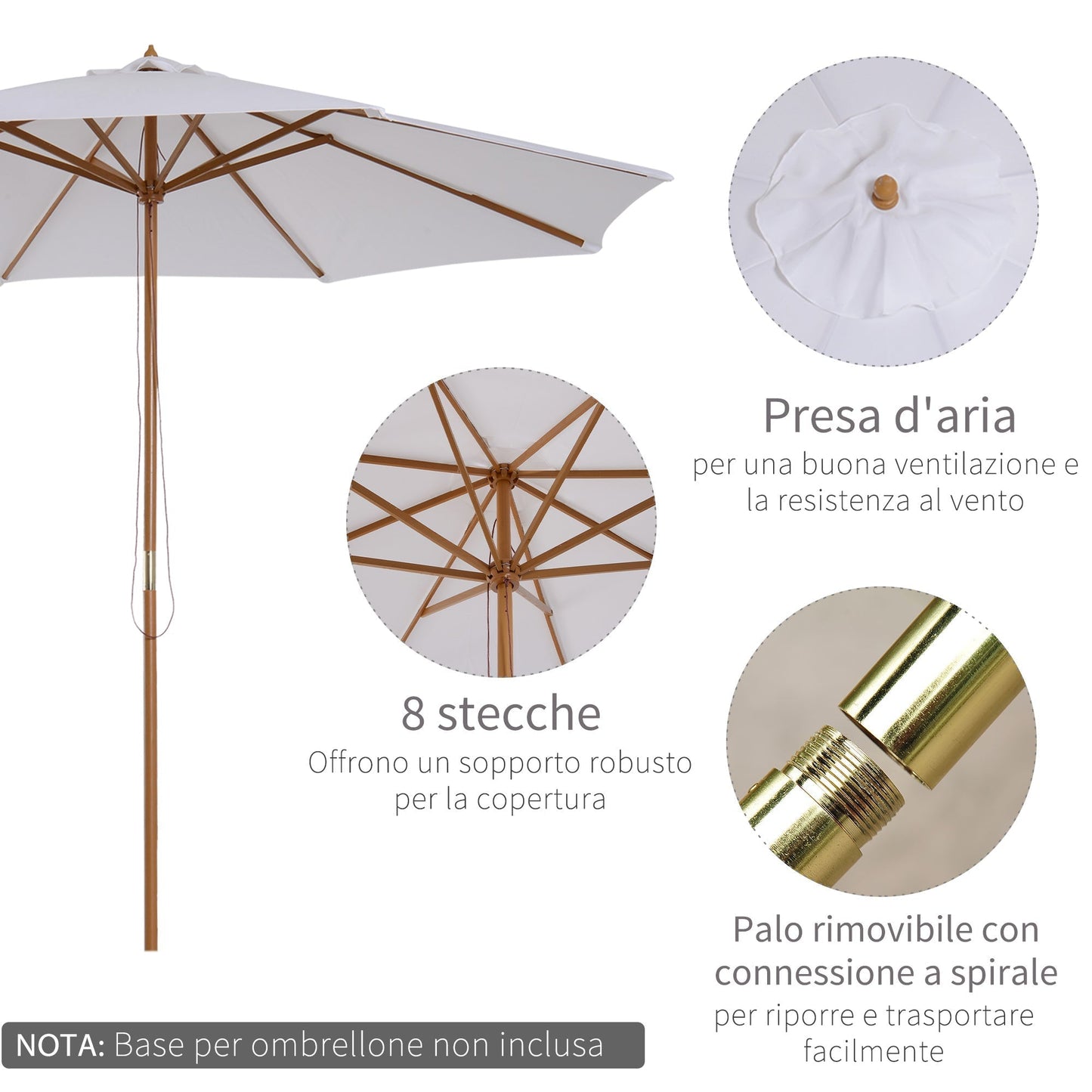 3x2.5 m Garden Umbrella with 8-Ribbed Wooden Pole, Made of Bamboo, Wood and Polyester, White