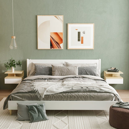 Set of 2 Floating Bedside Tables with Drawer and Top Shelf, Wooden, 35x32x22.5 cm, White and Oak