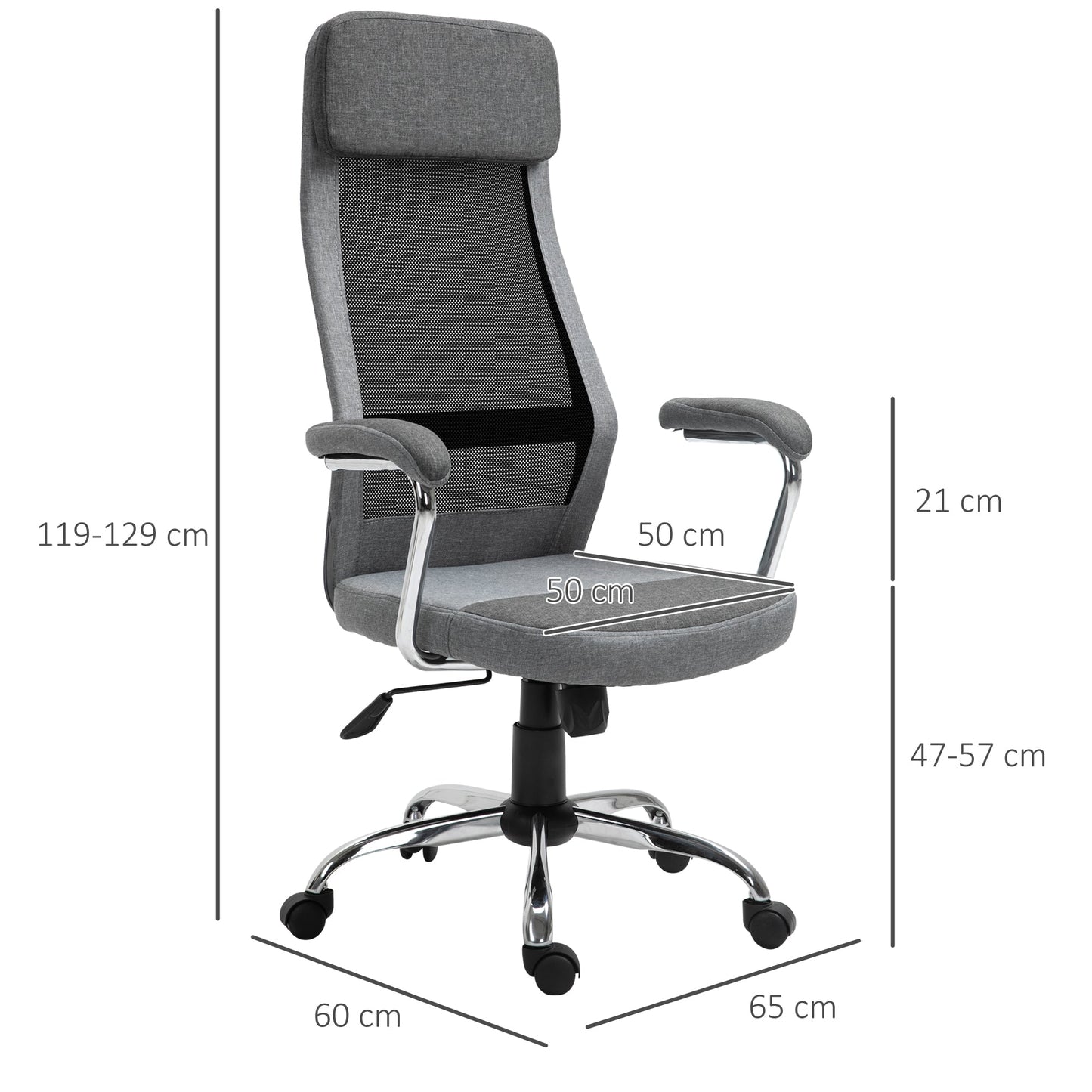 Ergonomic Swivel Office Chair, Adjustable Height and Rocking, Mesh Fabric Armchair 65x67x119-129cm Grey