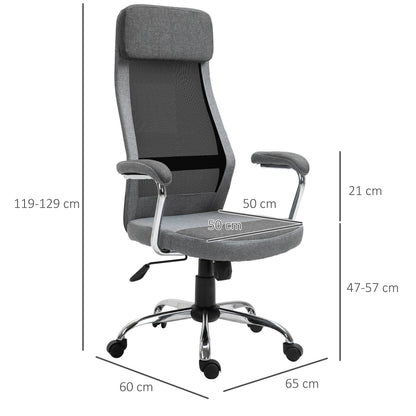 Ergonomic Swivel Office Chair, Adjustable Height and Rocking, Mesh Fabric Armchair 65x67x119-129cm Grey
