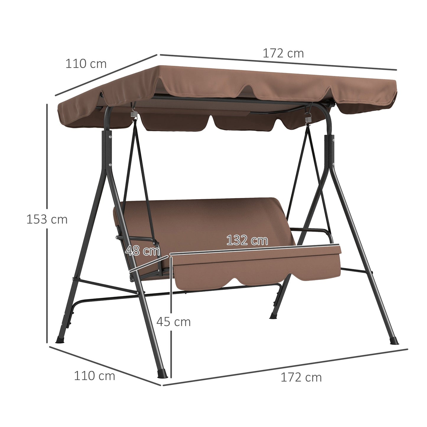 3 Seater Garden Swing with Tilting Sun Canopy and Cushions, 172x110x153 cm, Brown and Black