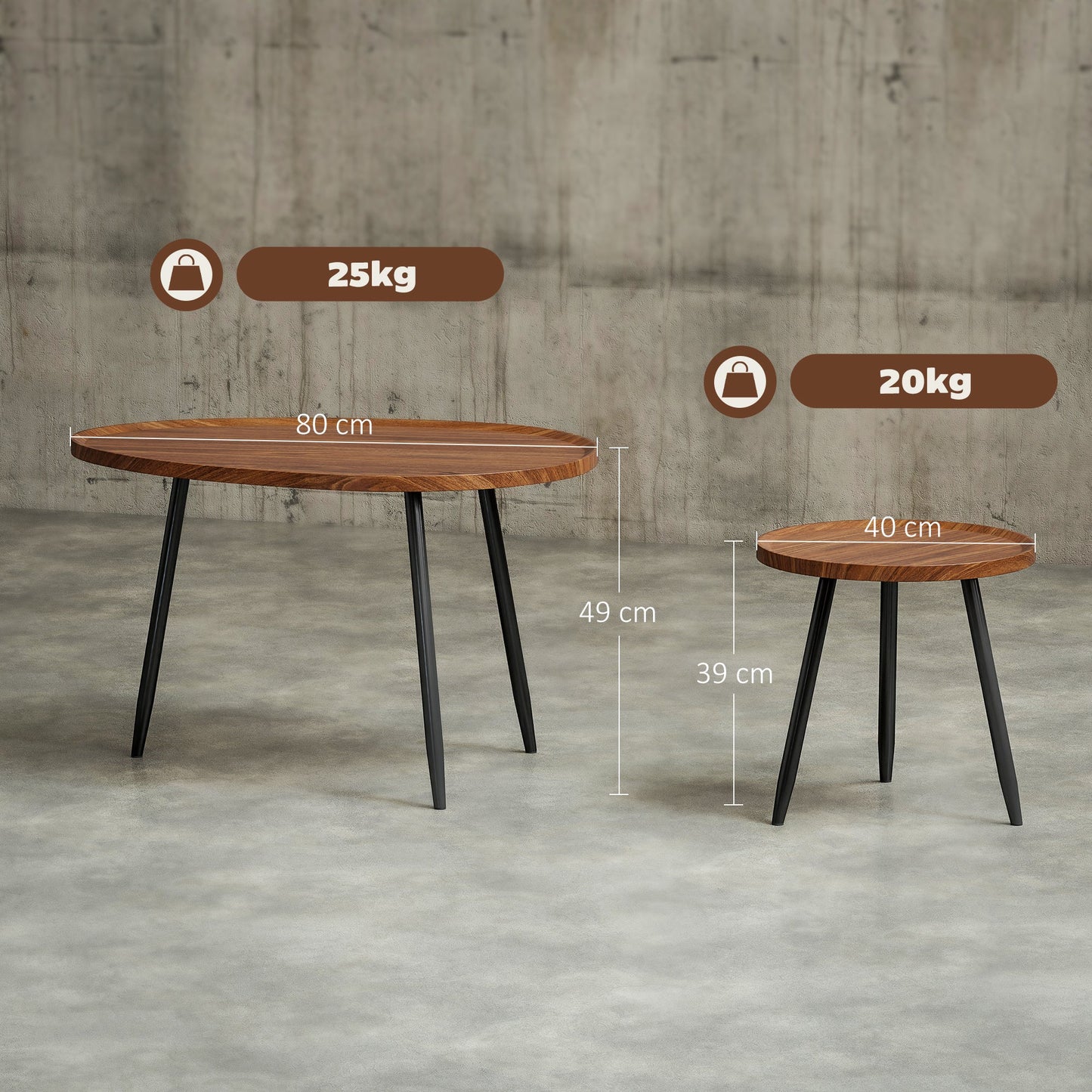 Set of 2 Nesting Coffee Tables in Wood and Metal, Dark Wood Color
