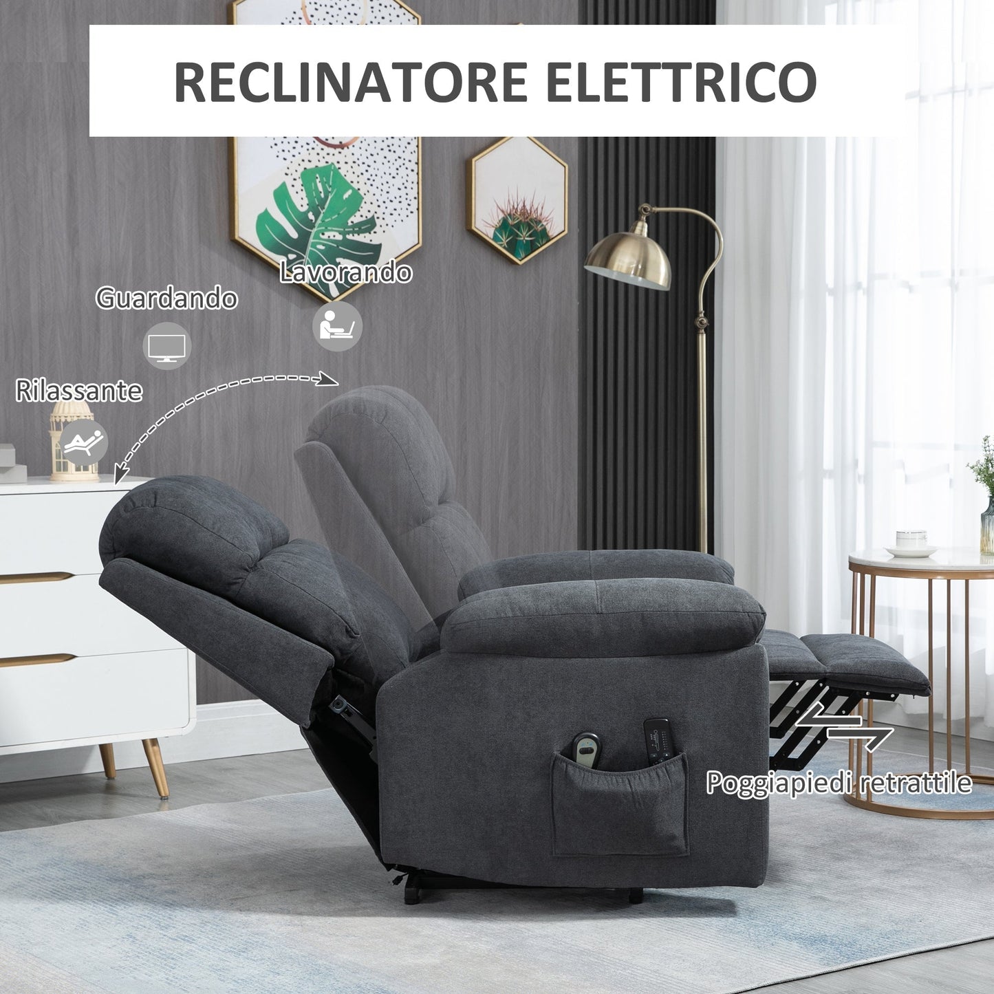 Lifting Armchair Reclining up to 135° with 8 Massage Points, Remote Control and Footrest 89x99x103 cm, Grey