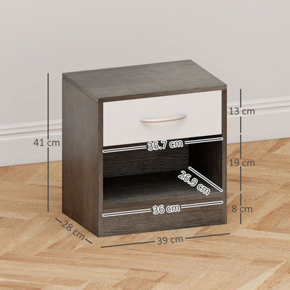 Set of 2 Modern Bedside Tables with Open Shelf and Drawer, Wooden, 39x28x41 cm, White and Dark Grey