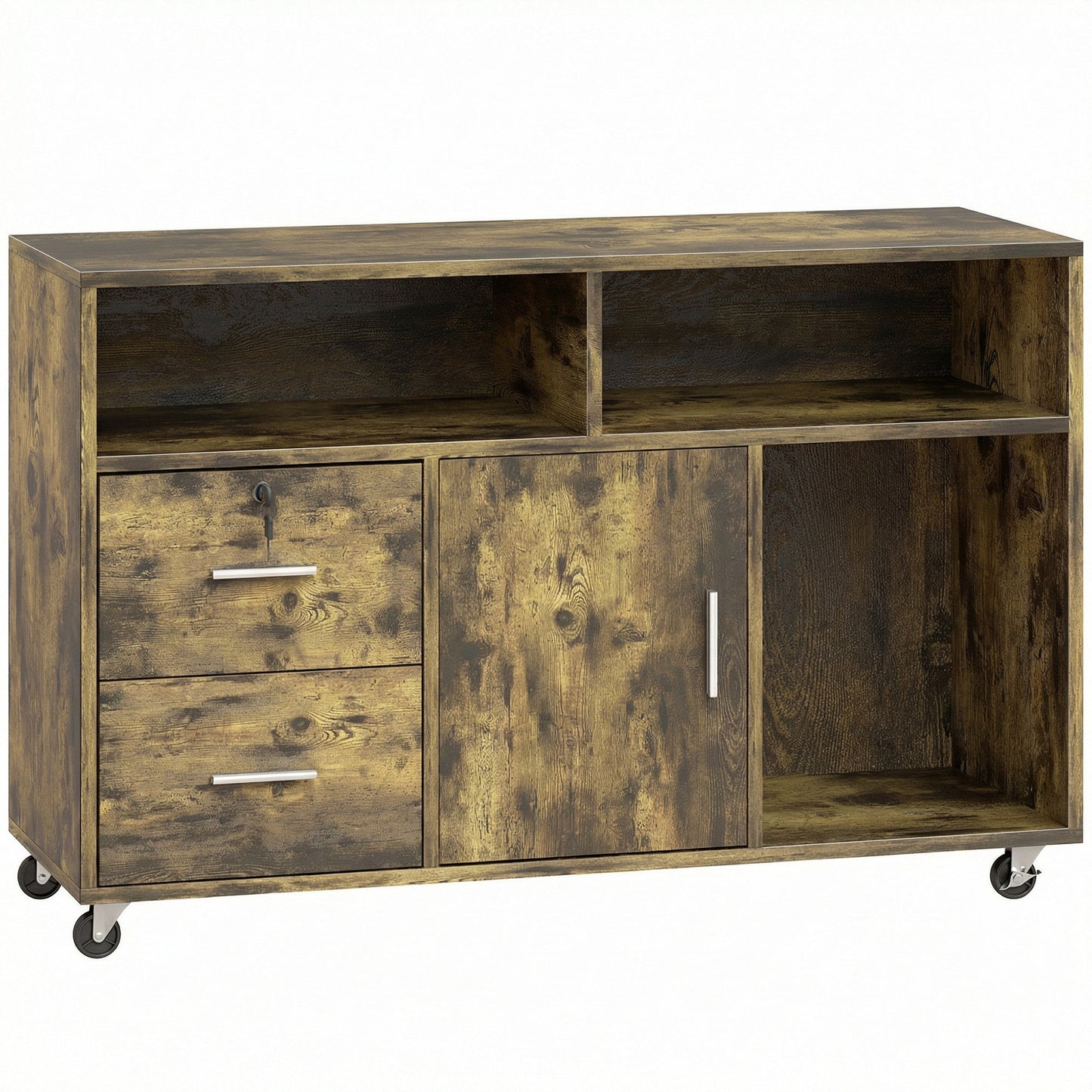 Wooden Printer Stand with Wheels, 2 Drawers, 3 Shelves, and 2 Cabinets, 100x35x65 cm, Brown