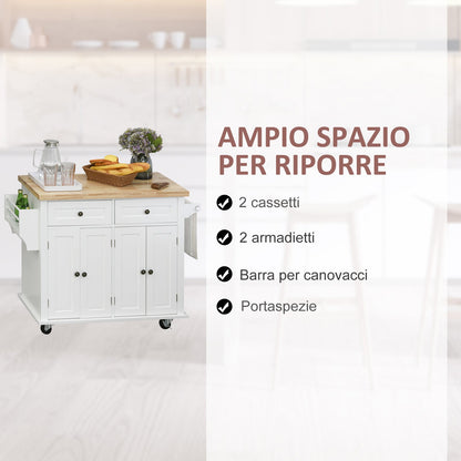Kitchen Trolley with 2 Drawers and 2 Cabinets, Kitchen Island with Wooden Top, Spice Rack and Tea Towel Holder, White