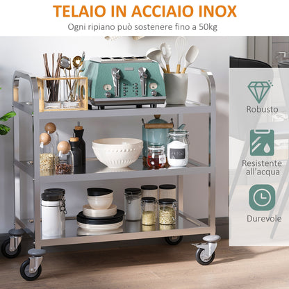 Restaurant / Hotel Kitchen Cart 3 Open Shelves 4 Omnidirectional Wheels with 2 Brakes Anti-Collision Bearings 430 Stainless Steel Silver 85x45x90cm