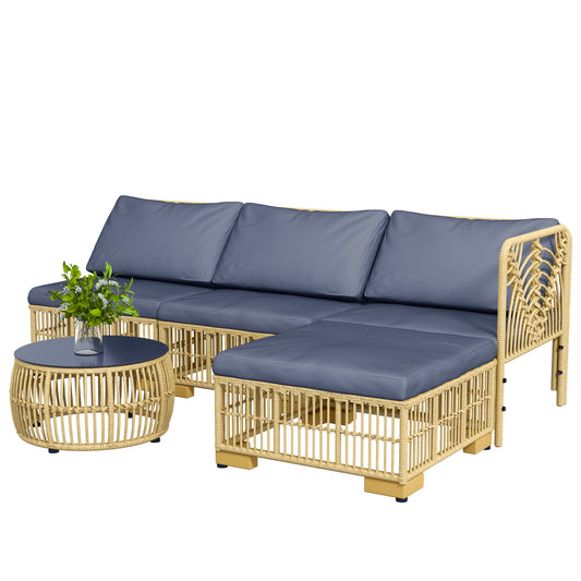 Garden Rattan Lounge Set with Modular Sofa, Cushions and Coffee Table, Grey