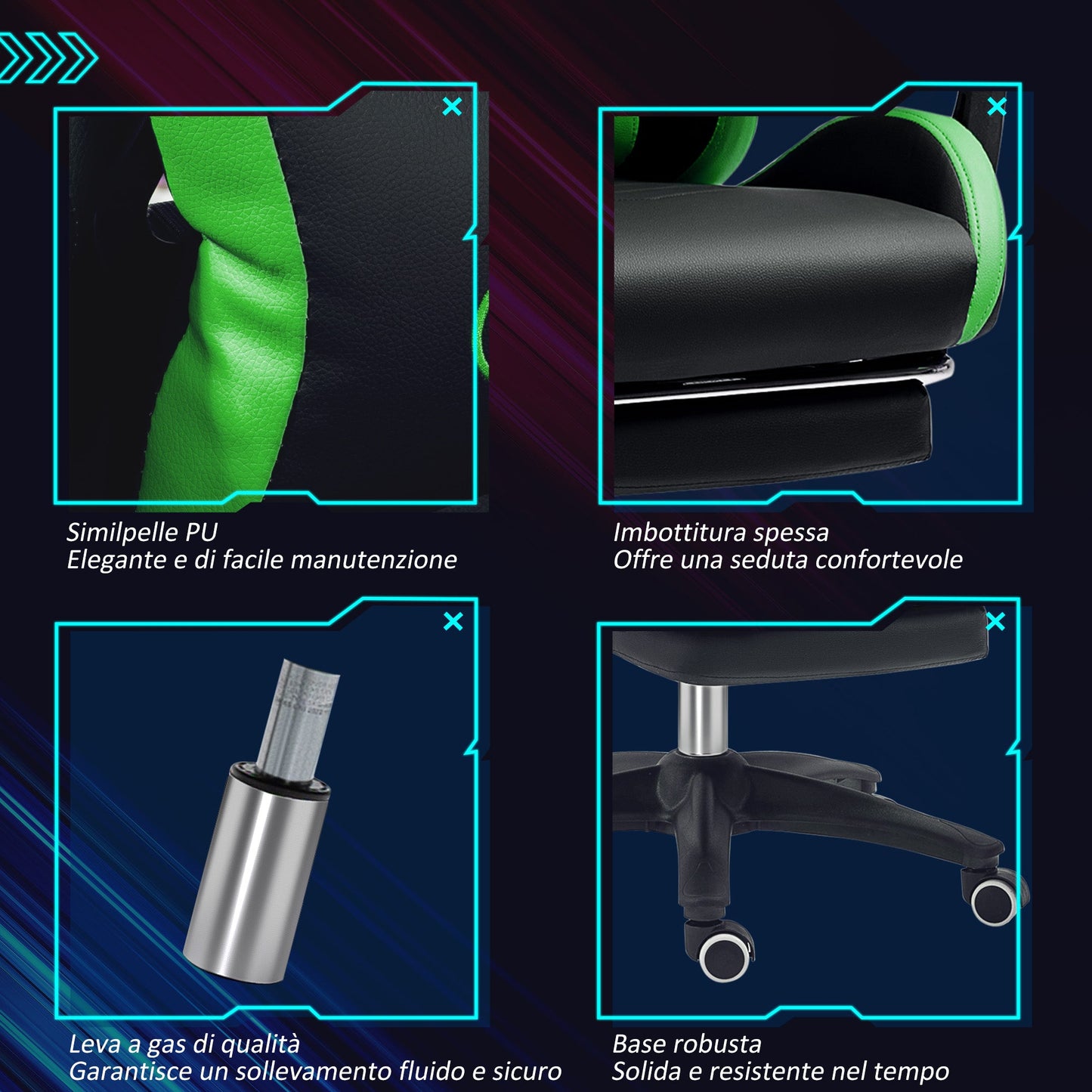 Gaming Chair with Adjustable Height and Reclining Backrest, 65x65x121-129 cm, Black and Green