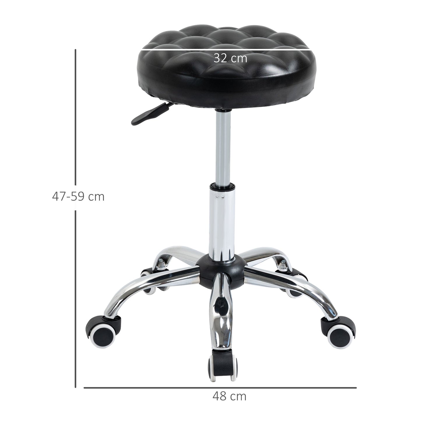 Height Adjustable Beauty / Tattoo Stool with 5 Wheels, Steel, Foam and PU Leather, Ф48x47-59Hcm