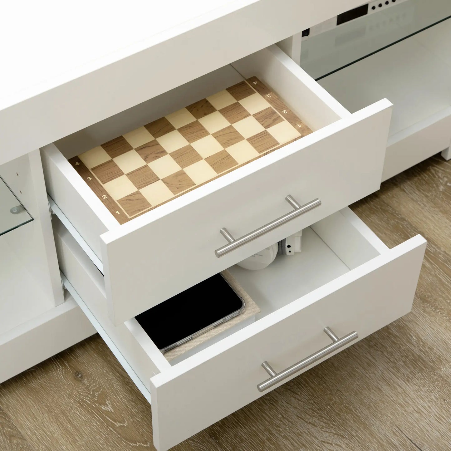 55" TV Stand with 12 Color LED Lights and Remote Control, Wood and Glass 120x40x50cm, White