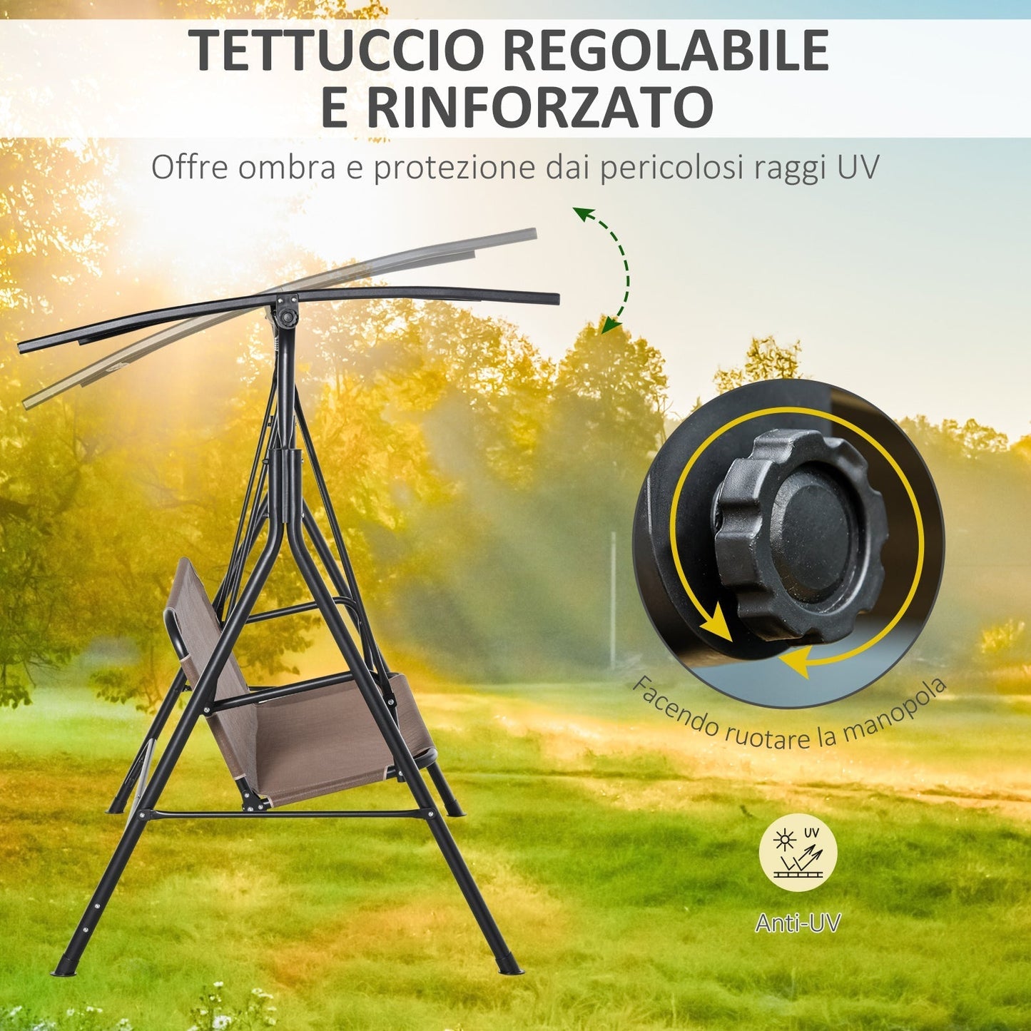 LOUISIANA | 3 Seater Garden Swing Terrace with Adjustable Canopy in Metal and Texteline 172x110x155cm Brown