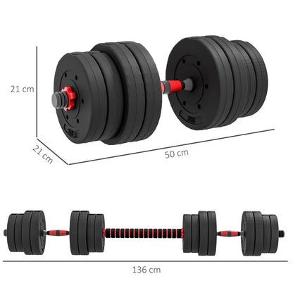 Set of 2 Non-Slip Dumbbells with 16 Weight Discs of 30 kg Total and Connector, in Steel, HDPE and Sand, Black