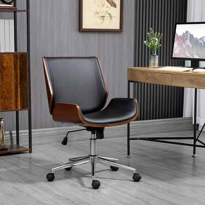 Vintage Padded Office Chair, Faux Leather, Wood and Steel, 53x60x86-96 cm, Black and Dark Brown