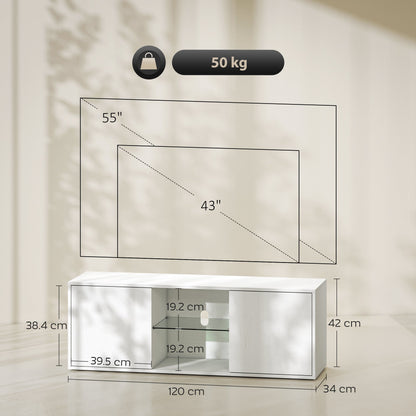 Wall-Mounted or Floor-Standing TV Stand for up to 55" with Soft-Close Doors, Cable Hole and Glass Shelf, White