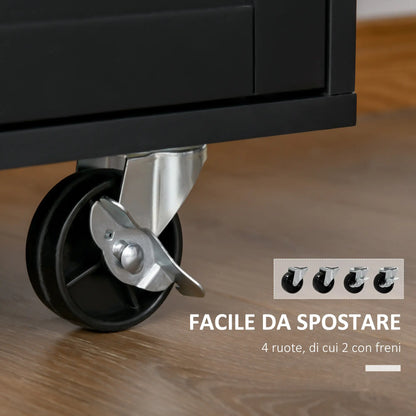 Kitchen Trolley with drawer, door holders and locker, 4 wheels and wooden work surface, 109x40x89cm - Black