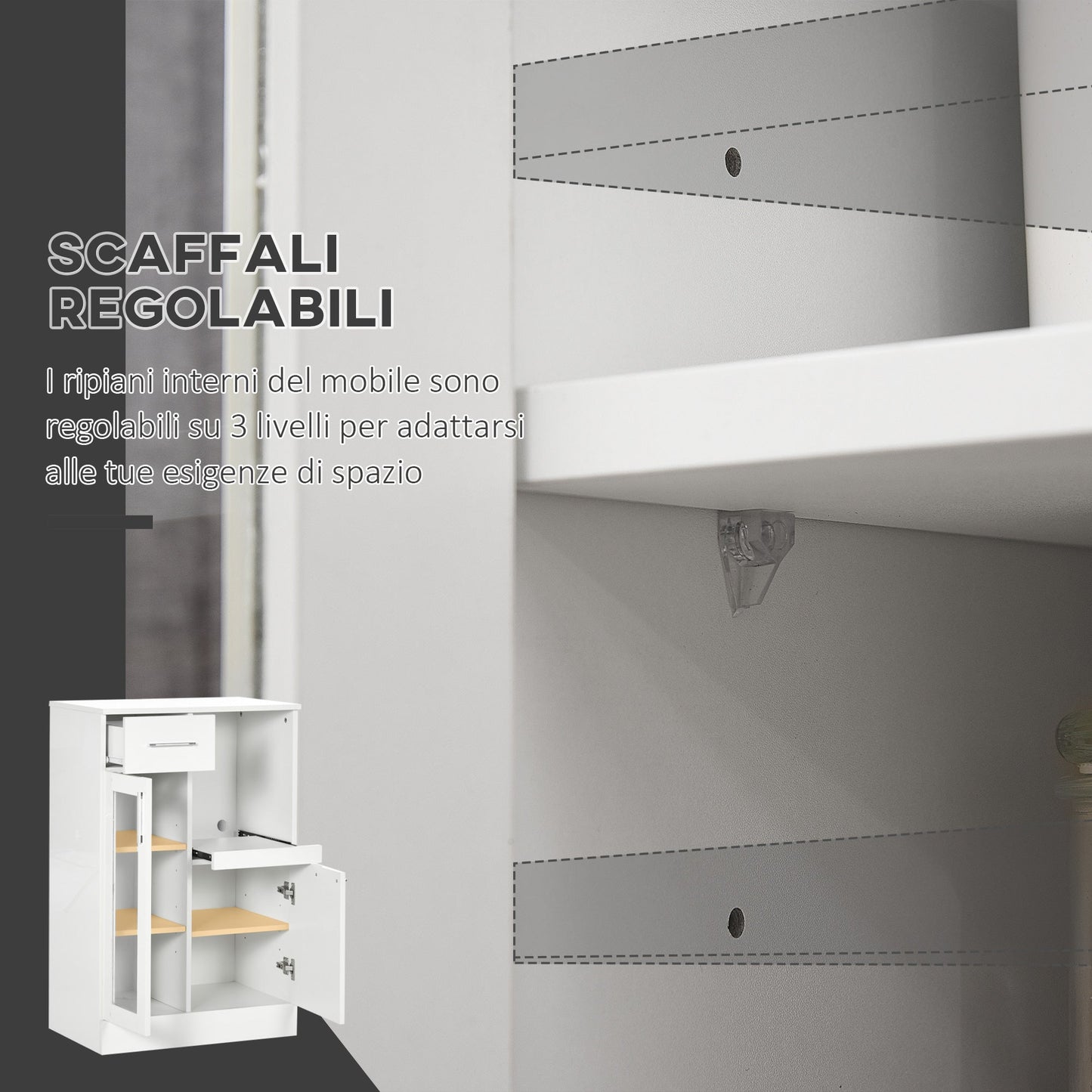 Modern Sideboard with Cabinets and Drawer in Wood and Glass, 60x40x95cm, White
