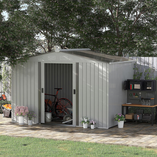Garden Shed with Double Sliding Doors, Steel, 277x195x192cm, Silver / White