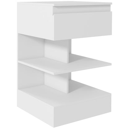 Modern Bedside Table in Chipboard and MDF with a Drawer and 2 Shelves, 39x39x65 cm, White