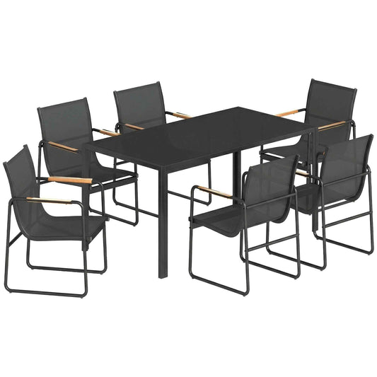 7-Piece Steel Outdoor Set with Tempered Glass Table and 6 Breathable Texteline Chairs, Black