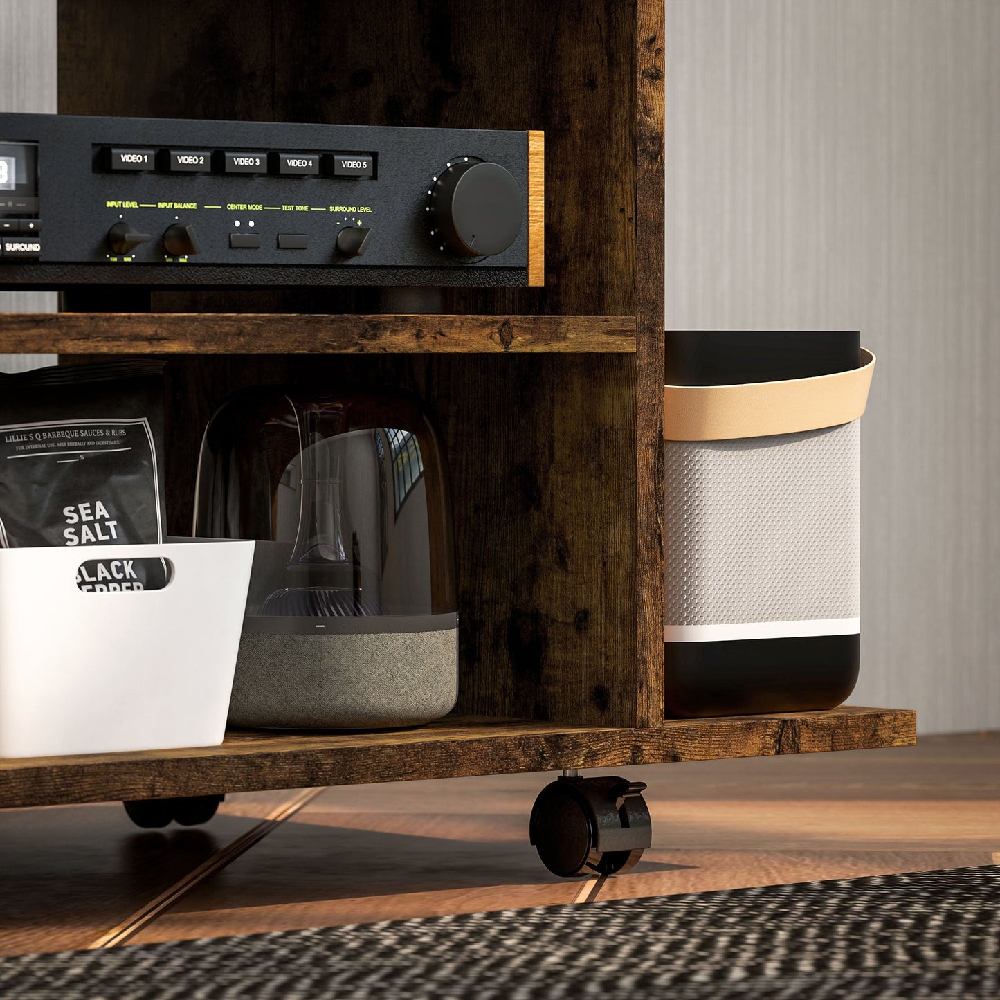 Modern TV Stand with Shelves, Swivel Wheels and Brakes, 80x40x40 cm, Rustic Brown