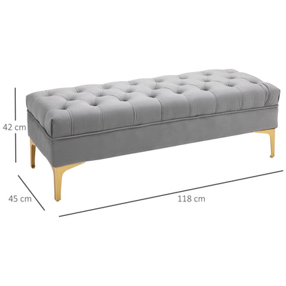 Upholstered Bench Bed Base in Velvet Fabric and Gold Metal Base, 118x45x42cm, Grey