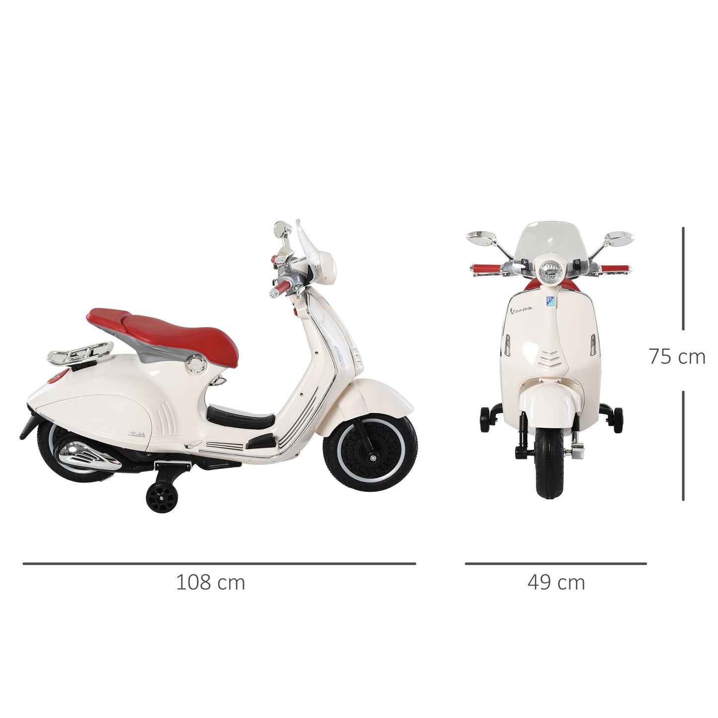 Officially Licensed Vespa Electric Motorcycle for Kids, 2 Wheels, Lights and Sounds, 108x49x75 cm, White