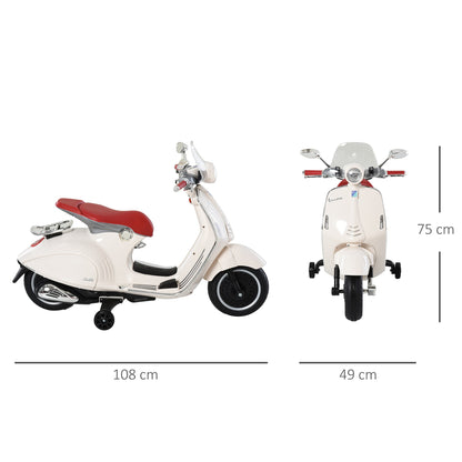Officially Licensed Vespa Electric Motorcycle for Kids, 2 Wheels, Lights and Sounds, 108x49x75 cm, White