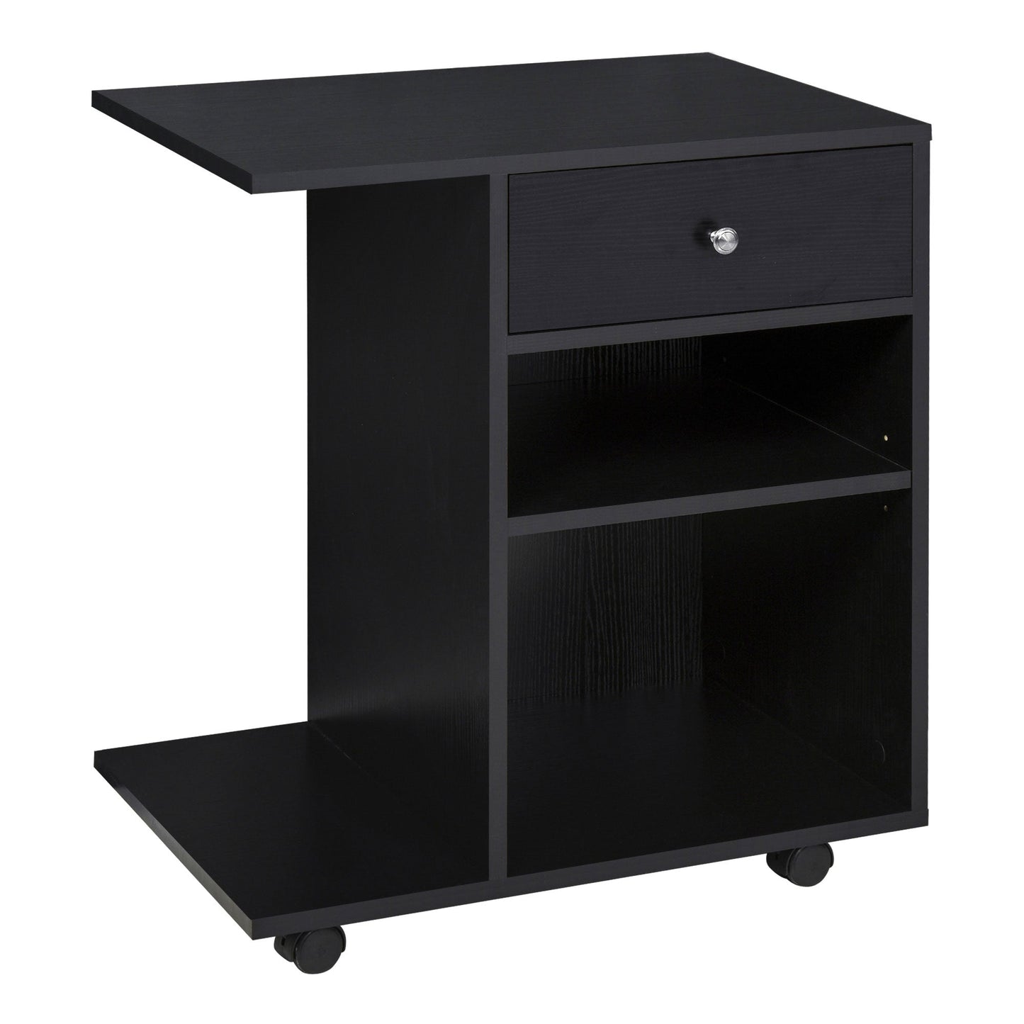 Printer Stand in Black Wood with 1 Drawer, 2 Shelves and CPU Shelf, for Office 60x40x68.5cm