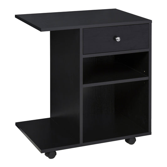 Printer Stand in Black Wood with 1 Drawer, 2 Shelves and CPU Shelf, for Office 60x40x68.5cm