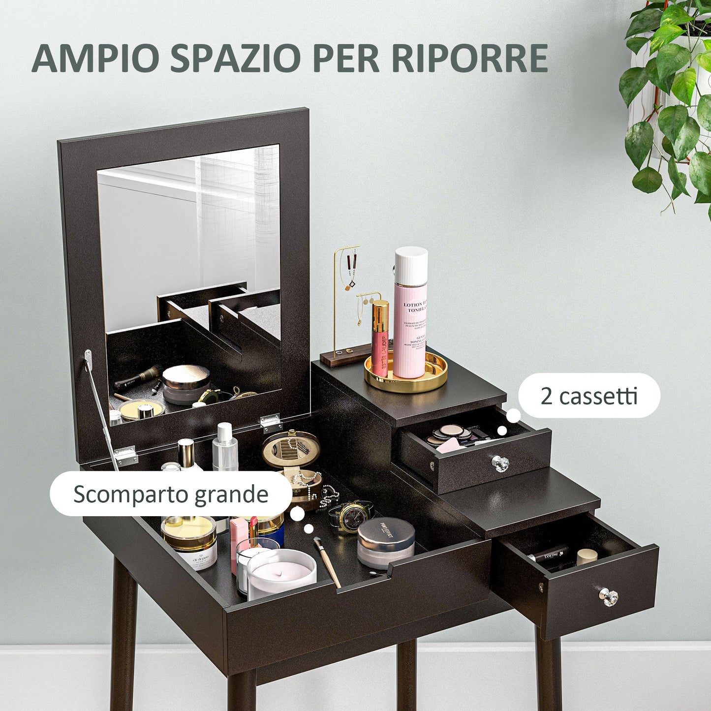 2 in 1 Dressing Table with Folding Mirror and 2 Drawers, 60x50x85.5 cm, Black