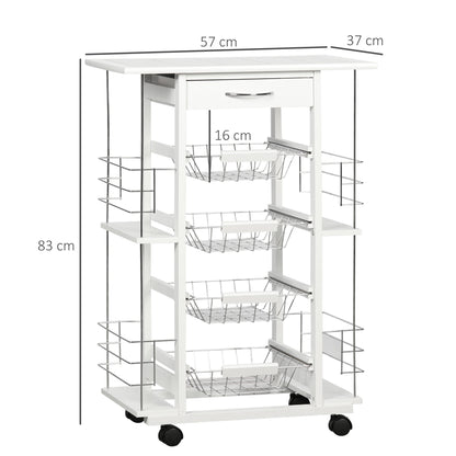 Kitchen Trolley with Drawer, 4 Baskets and 4 Shelves, in Metal, Ceramic and Wood, 57x37x83 cm, White
