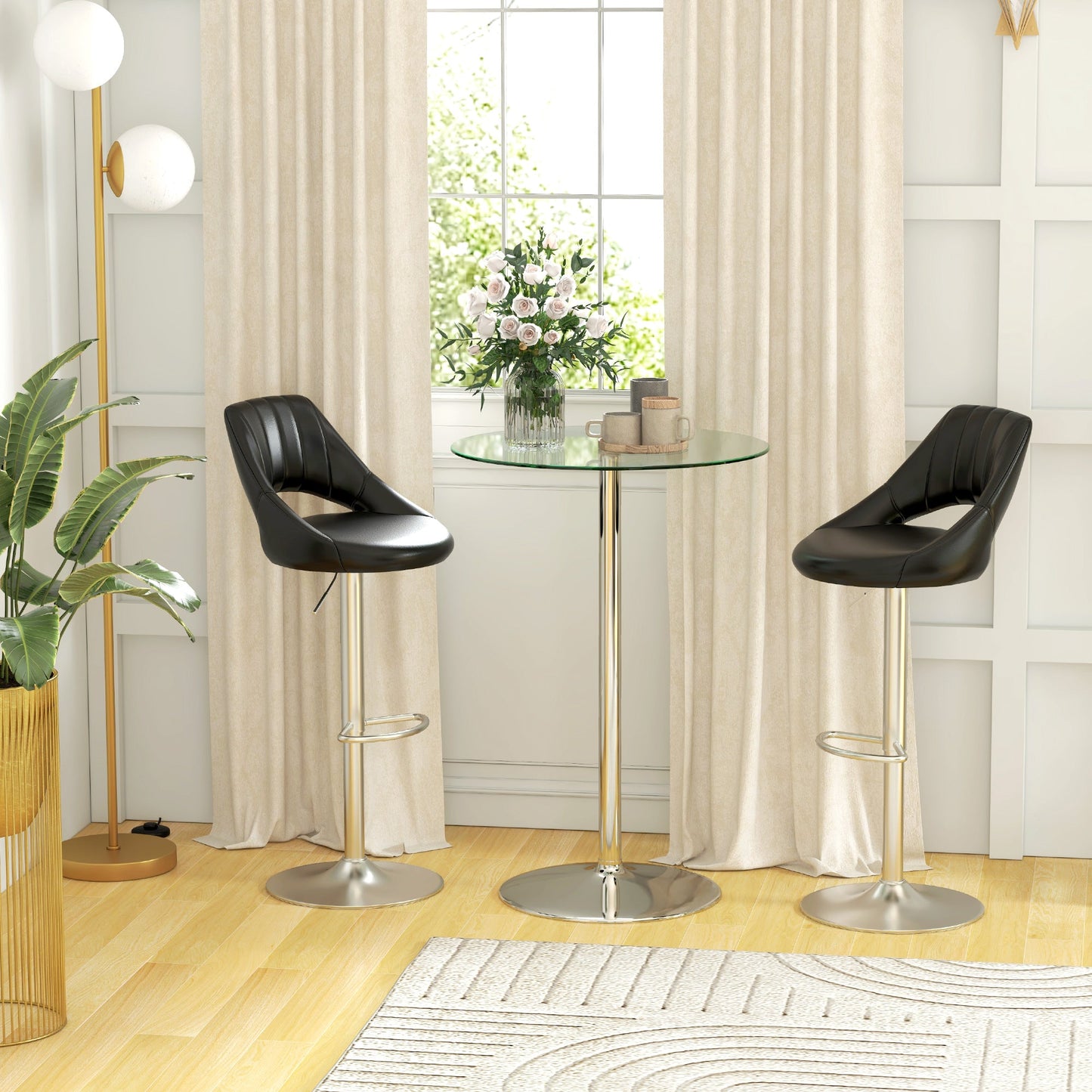 Modern Round High Bar Table with Steel Base and Glass Top, Ø70x102cm, Transparent