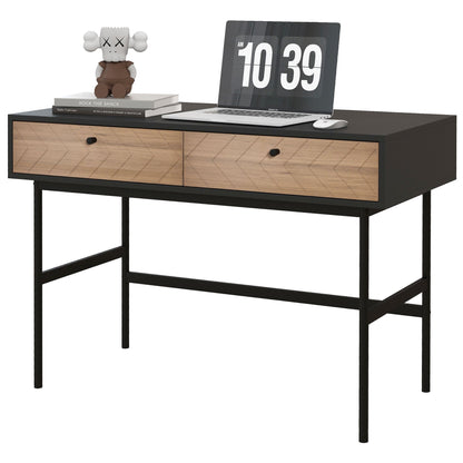 Modern Office Desk with 2 Drawers, Steel and MDF, 106x50x77 cm, Black and Oak