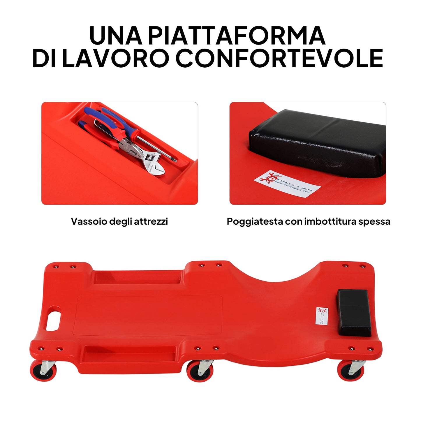 Mechanic's Trolley with Padded Headrest and 2 Side Trays in Red Plastic, 100x48x12 cm
