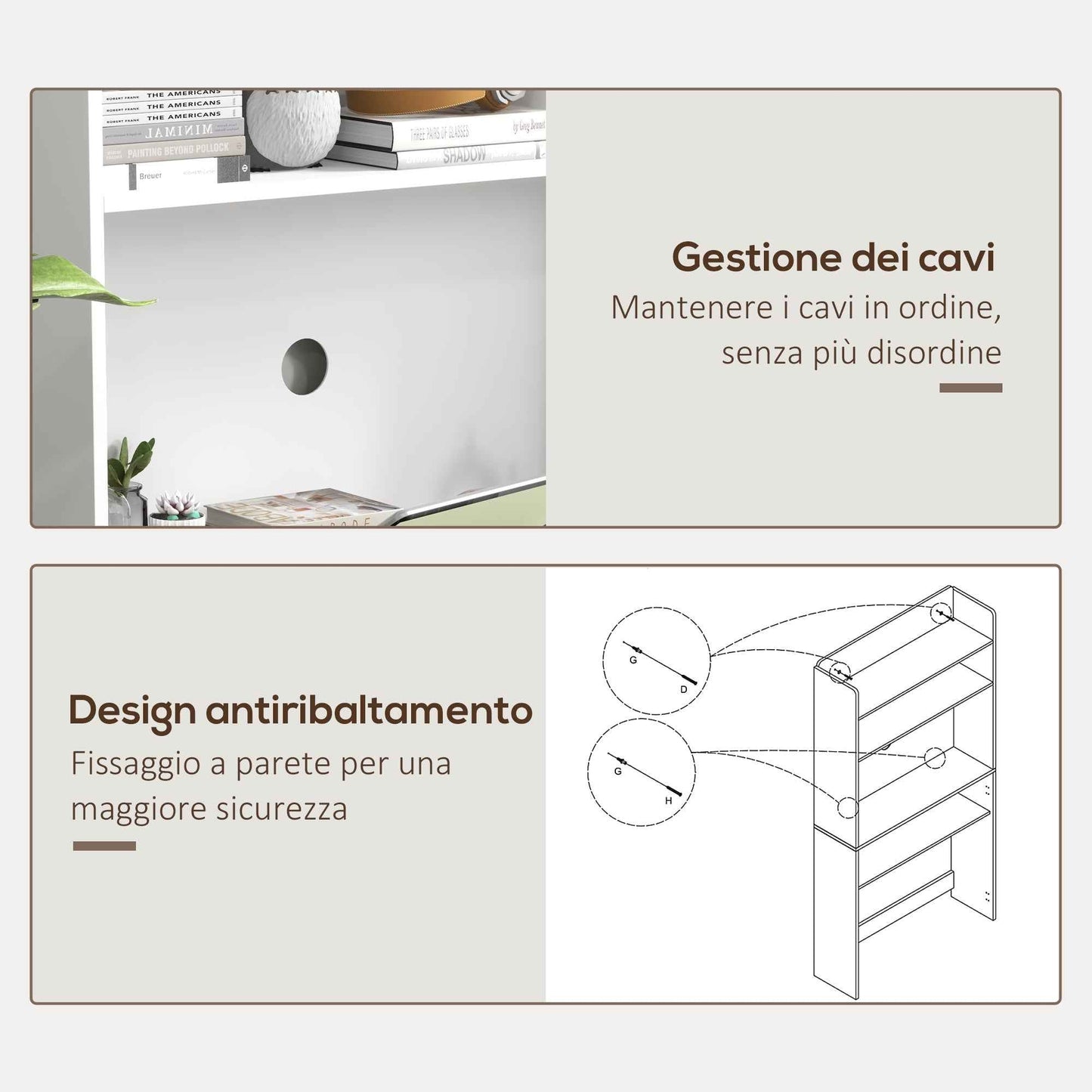 Folding Desk with 4-Tier Bookcase, 2 Wheels and Cable Hole, 80x69x155 cm, White