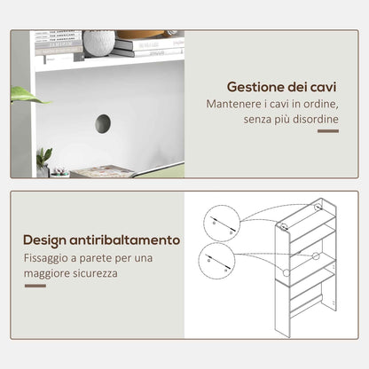 Folding Desk with 4-Tier Bookcase, 2 Wheels and Cable Hole, 80x69x155 cm, White
