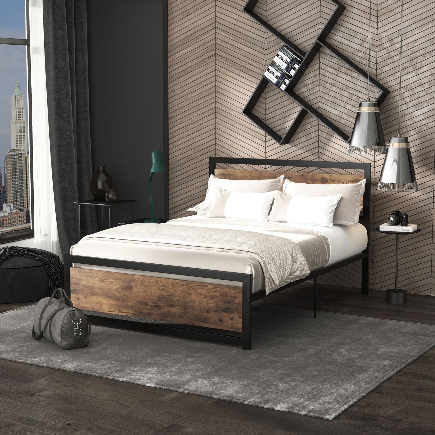Queen Size Wooden and Steel Bed Frame with Industrial Style Slats, 140x200cm