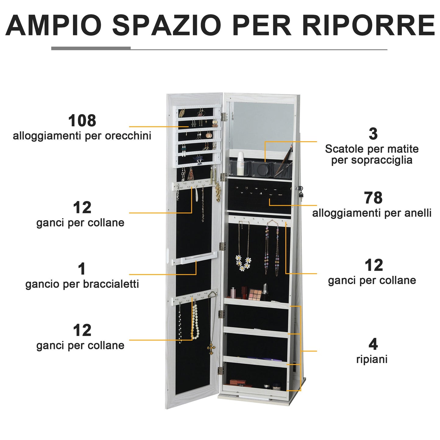 LED Jewellery Mirror with 4 Shelves and Storage Spaces, in Wood and Glass, 15x15x61.75 cm, White